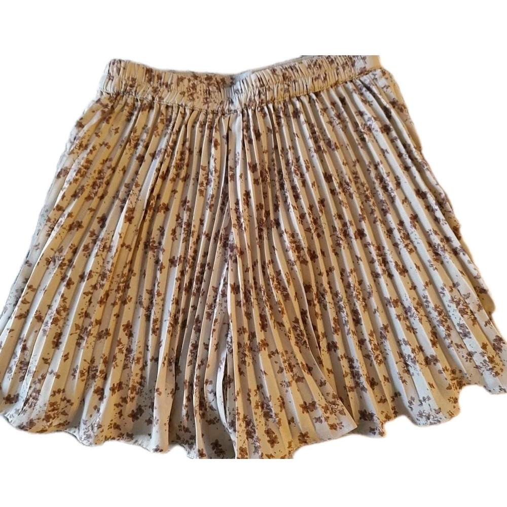 Women's Floral Mini Skirt Size Small Pleated Swing Whimsical Cute Cream Brown